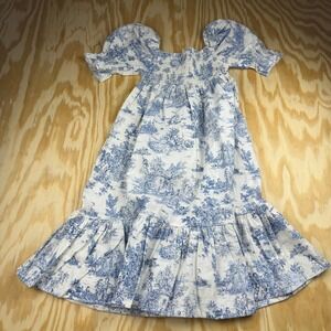 Nothing Fits But Kids Toile De Jouy Smocked Midi Dress Blue White Linen 9-10Y